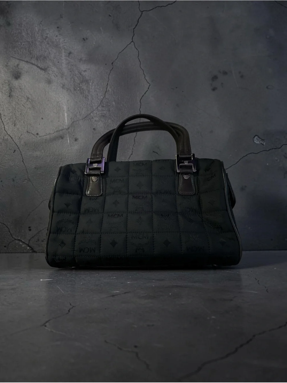 MCM Black Nylon Quilted Logo Satchel with Leather Top Handles and Side Pockets